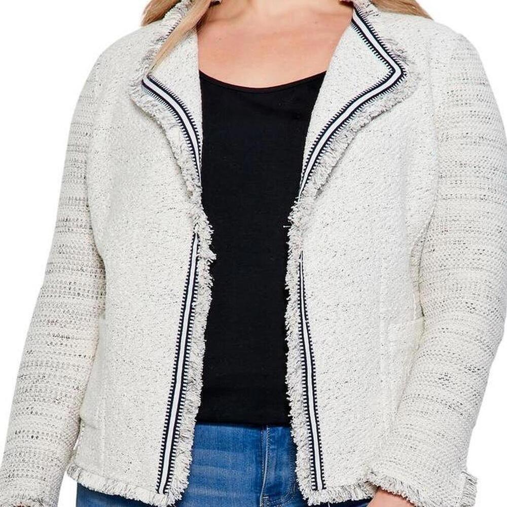 Nic + Zoe Ribbon Trim Open Front Tweed Jacket size 2X spring cozy fringe preppy